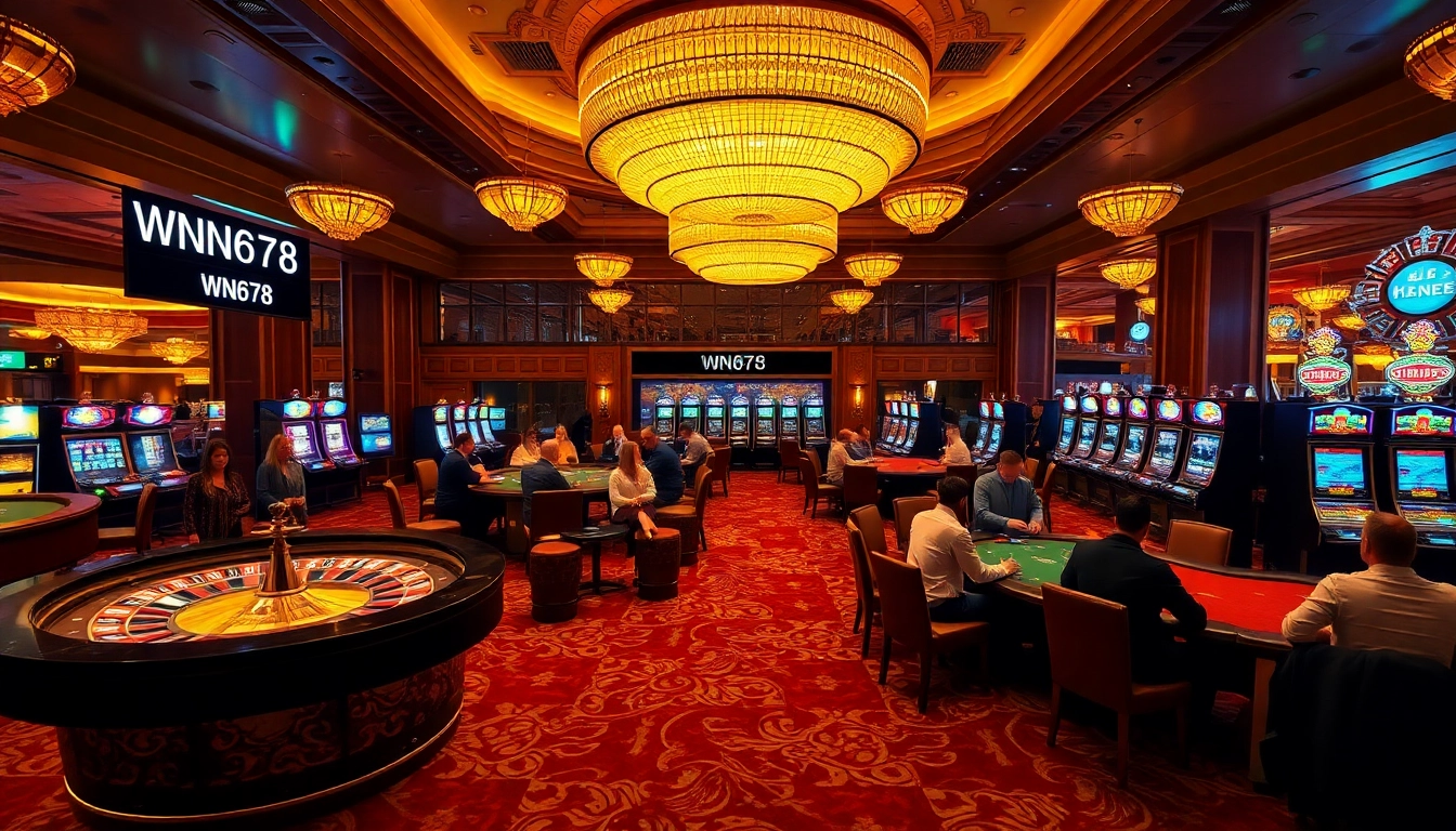Exciting casino environment with players at poker tables and a roulette wheel, featuring WN678 flight status.