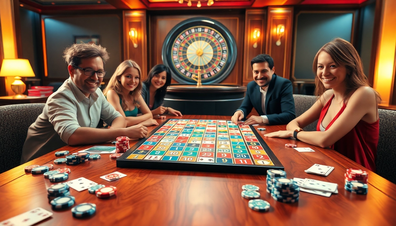 Rummikub אונליין סצנת ערב משחק עם שחקנים פעילים, אריחים בצבעים שונים ואלמנטים של קזינו.