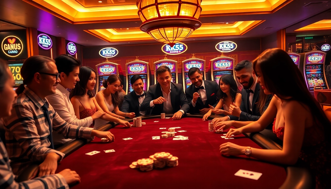 Players celebrating a big win at the KK55 poker table in a luxurious casino setting.