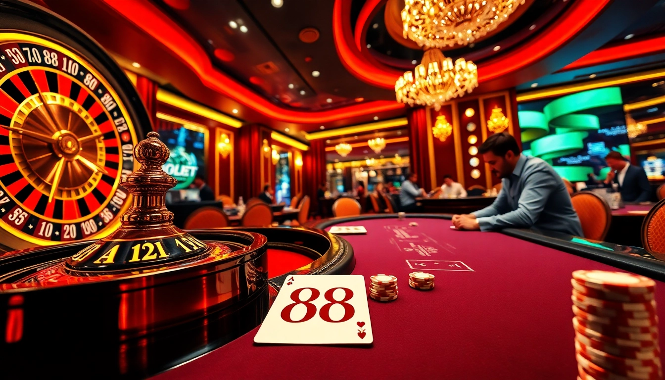 A lively casino scene at 88i featuring players at a poker table, showcasing excitement and vibrant poker chips.