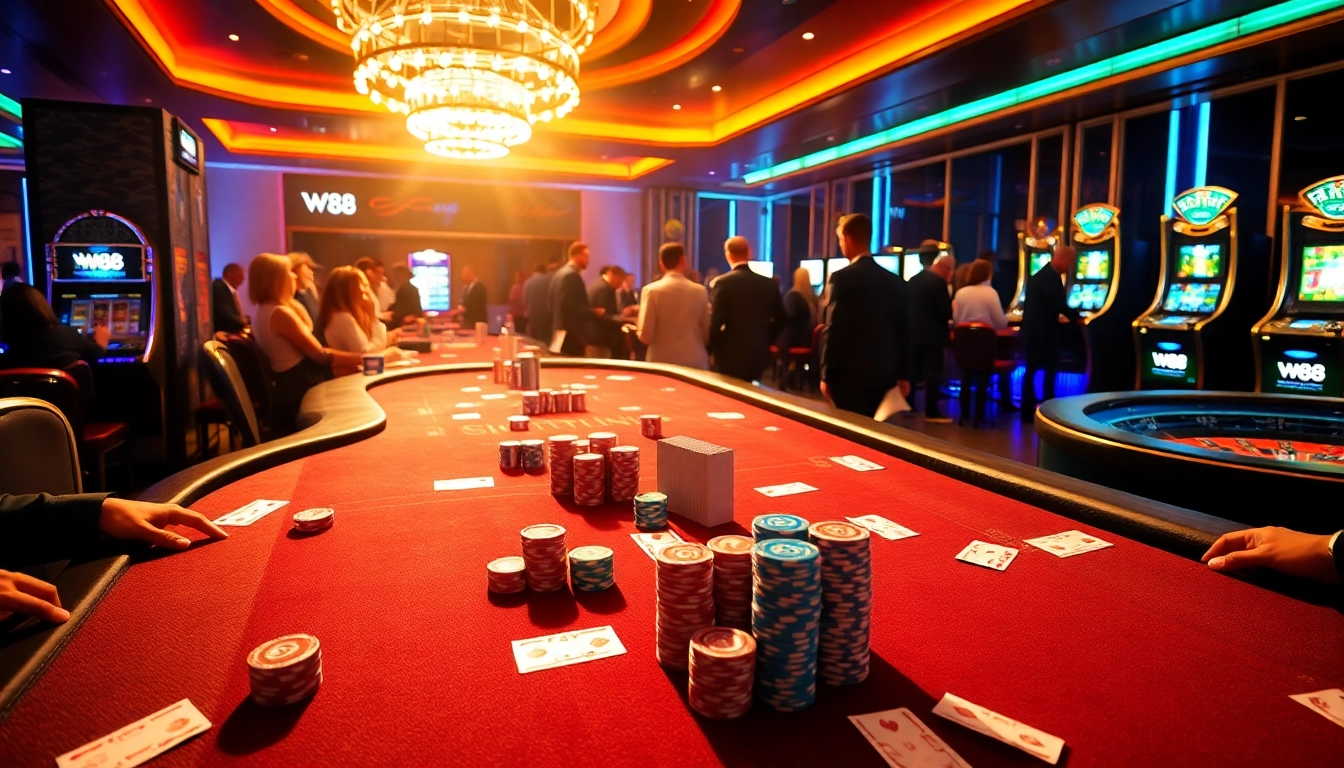 W88 casino players engaging at a stylish poker table, showcasing excitement in a vibrant gaming atmosphere.