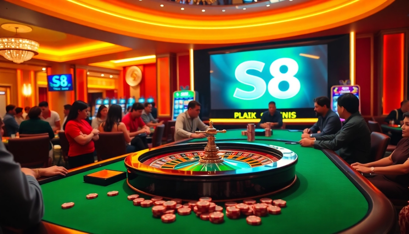 Players enjoying a roulette table at a luxurious casino, showcasing the s8 integrated into slot machines.