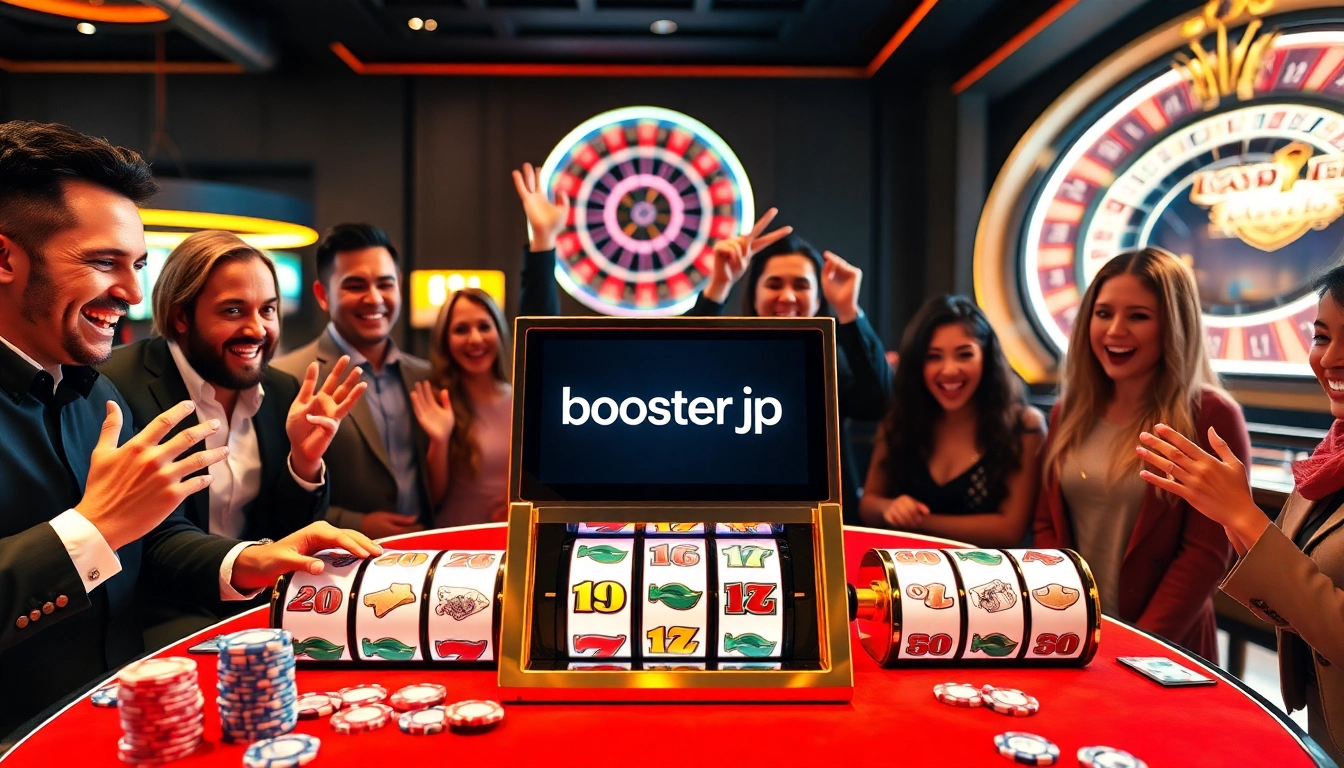 Excited players enjoying a winning moment at the boosterjp slot machine in an upscale casino.