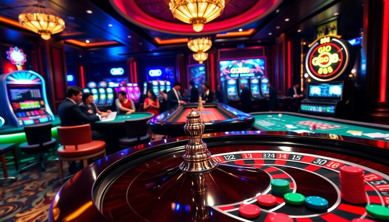 Experience the excitement of GO 88 at a luxurious casino with vibrant roulette tables and engaging players.