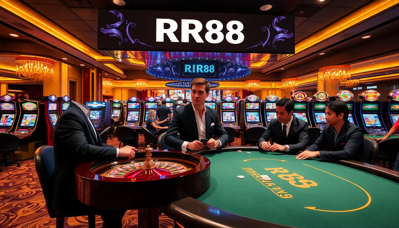 RR88 casino scene with enthusiastic players engaged in poker and roulette games, showcasing excitement and strategy.
