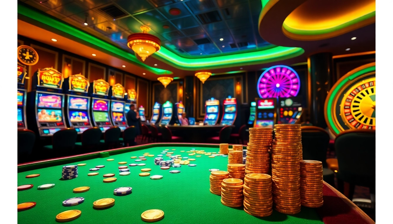 Experience thrilling games at Gold Treasure Casino with vibrant slots, roulette, and poker tables.