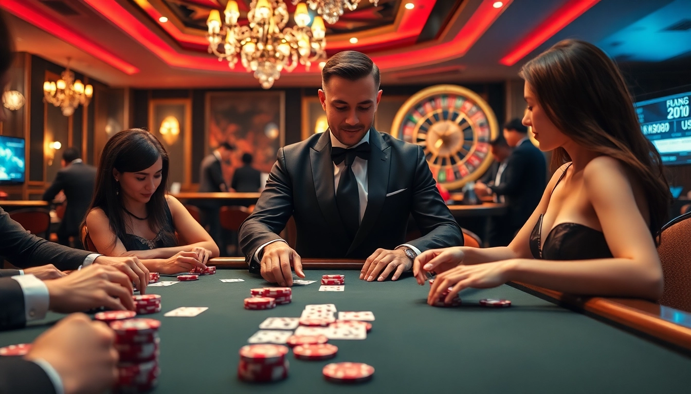 Players engaging at the FLY88 poker table, highlighting excitement and strategy in a luxurious casino.