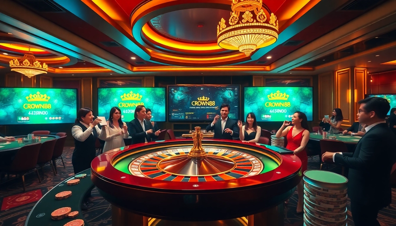 Engaging casino scene at crown88 with players excitement and roulette table action.