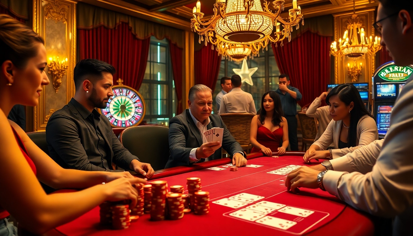 Players engaged at a high-stakes poker table in MB66 casino, showcasing excitement and professionalism.