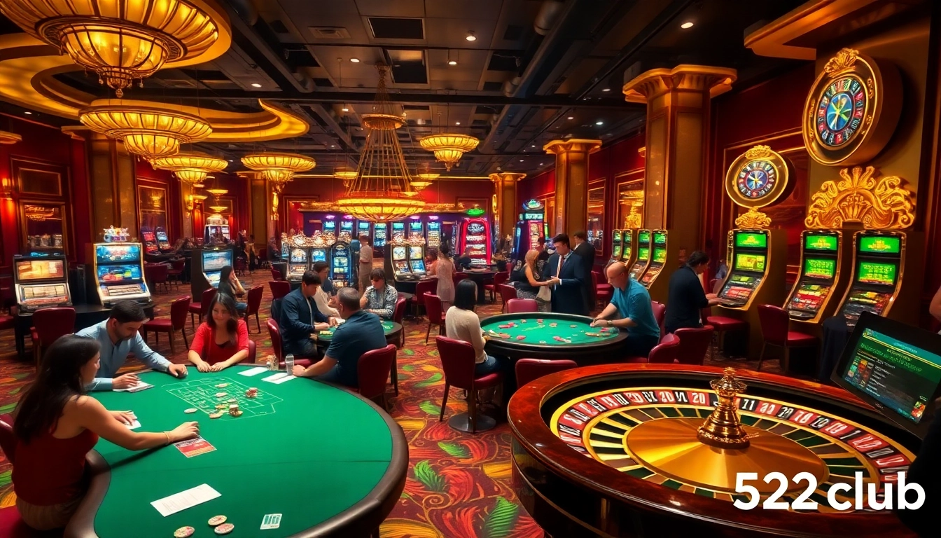 B52club enthusiasts enjoy an upscale casino experience with poker tables and vibrant slot machines.