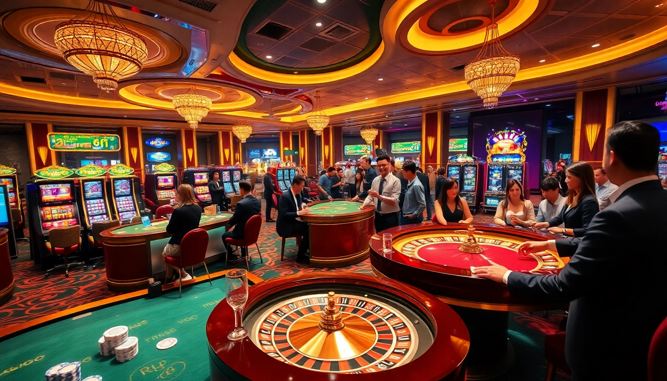 Players celebrating wins at RR88 casino with vibrant tables and flashing slot machines, excitement in the air.