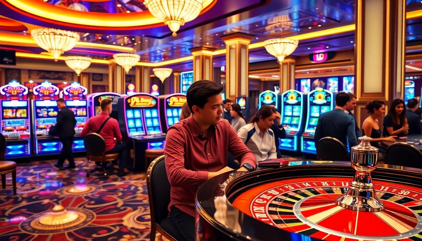 Experience the excitement of PGSLOT with vibrant slot machines and engaging players at a luxurious casino.