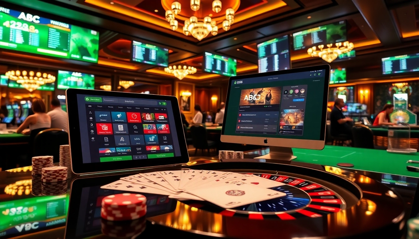 Experience intense gaming excitement at ABC8 with vibrant casino tables, chips, and betting interfaces.